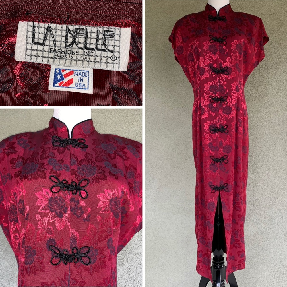 Red & Black Floral Jacquard Asian Maxi Dress Size M/L: